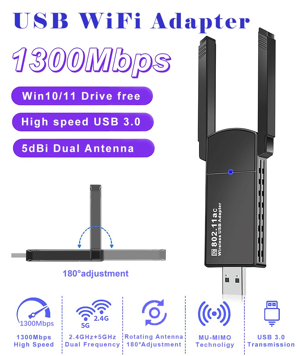 Dual Band USB WiFi Adapter - Ultra-Fast 867Mbps, Multi-Network Connectivity